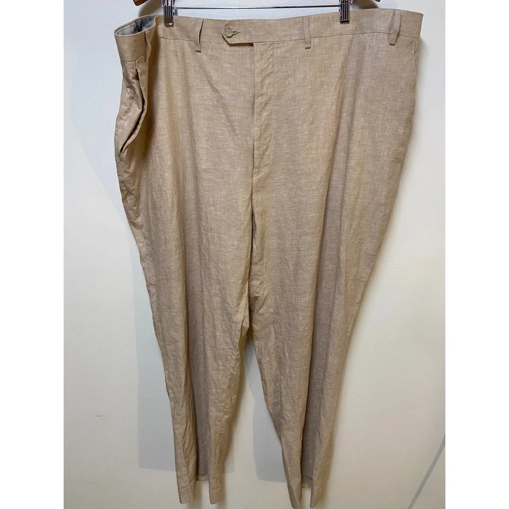 Tallia Linen Dress Pants Mens 50x30 Tan Beige Flat Front Summer Wedding Trousers